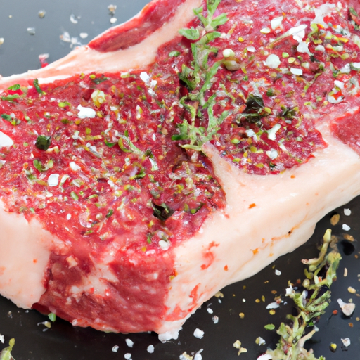 A raw ribeye steak seasoned with salt, pepper, and herbs ready for grilling