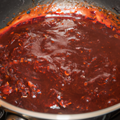 Deep red wine reduction sauce simmering in a pan