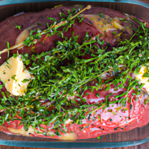 Raw steak marinating in a garlic butter mixture with fresh herbs